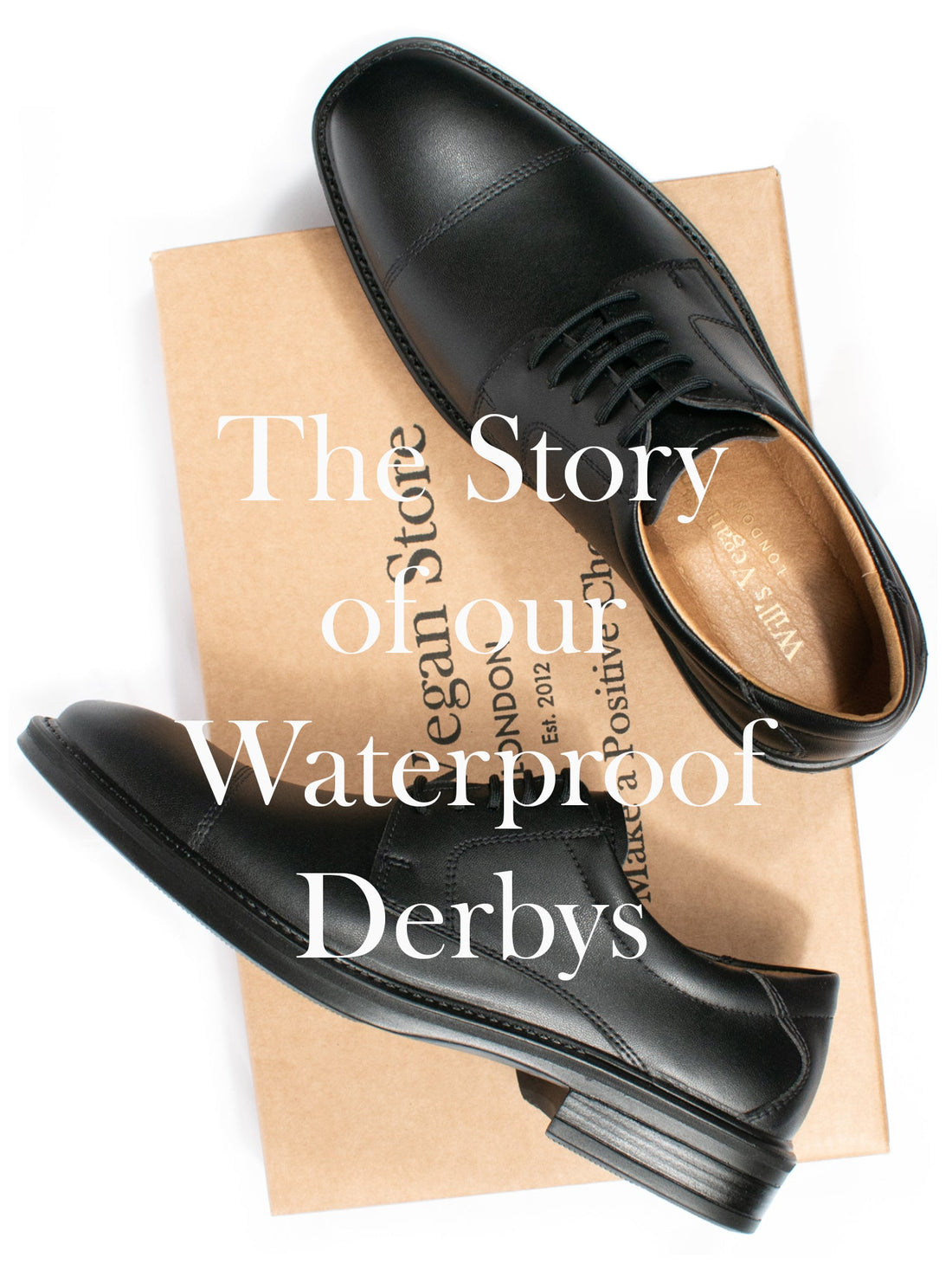 Vegan Waterproof Derbys in black – made in Portugal from bio-based vegan leather, advanced waterproof construction, photographed on WVS box.