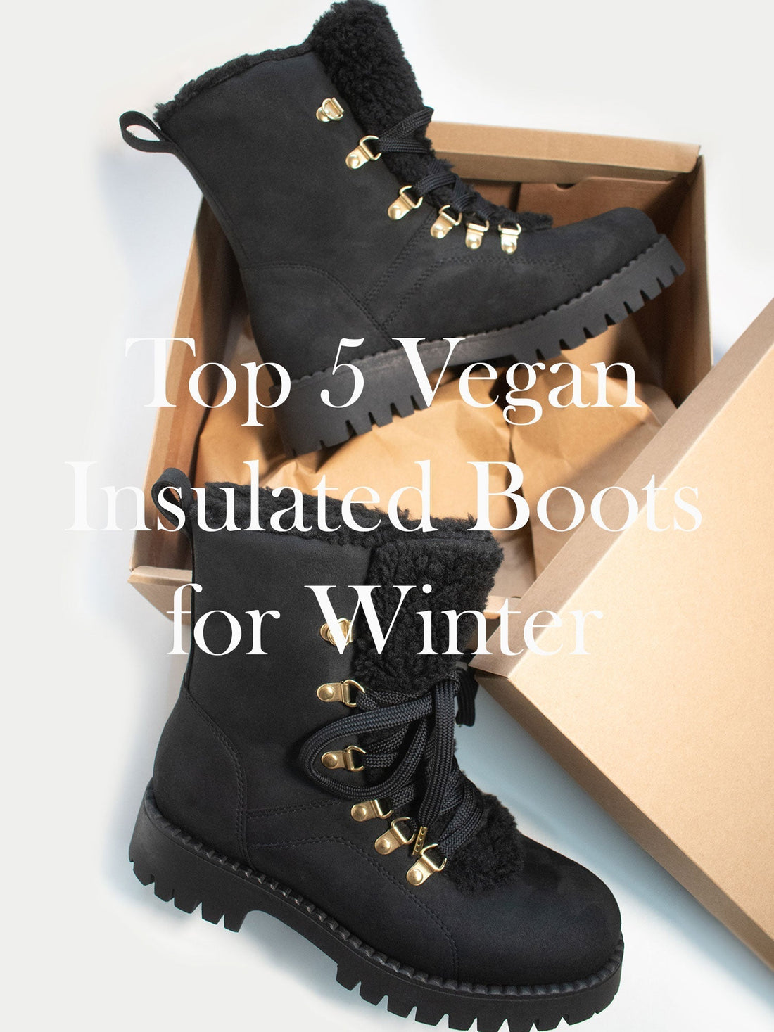 Black vegan insulated winter boots with faux fur lining in a cardboard shoe box – Top 5 Vegan Insulated Boots for Winter