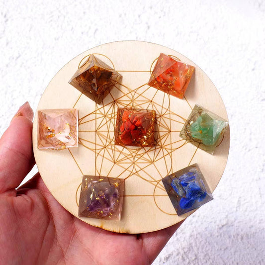 Crystolver Pyramid Chakra Crystal Set with Wooden Base | 