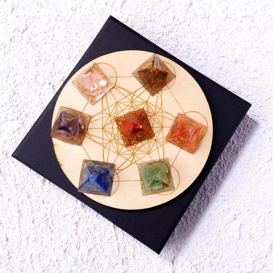 Crystolver Pyramid Chakra Crystal Set with Wooden Base | 