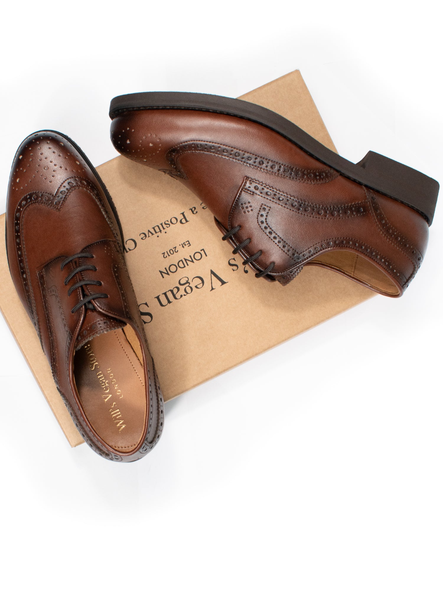 Will’s Vegan Store Goodyear Welt Oxford Brogues in chestnut Italian vegan leather, side profile showing brogue detailing and welted sole.