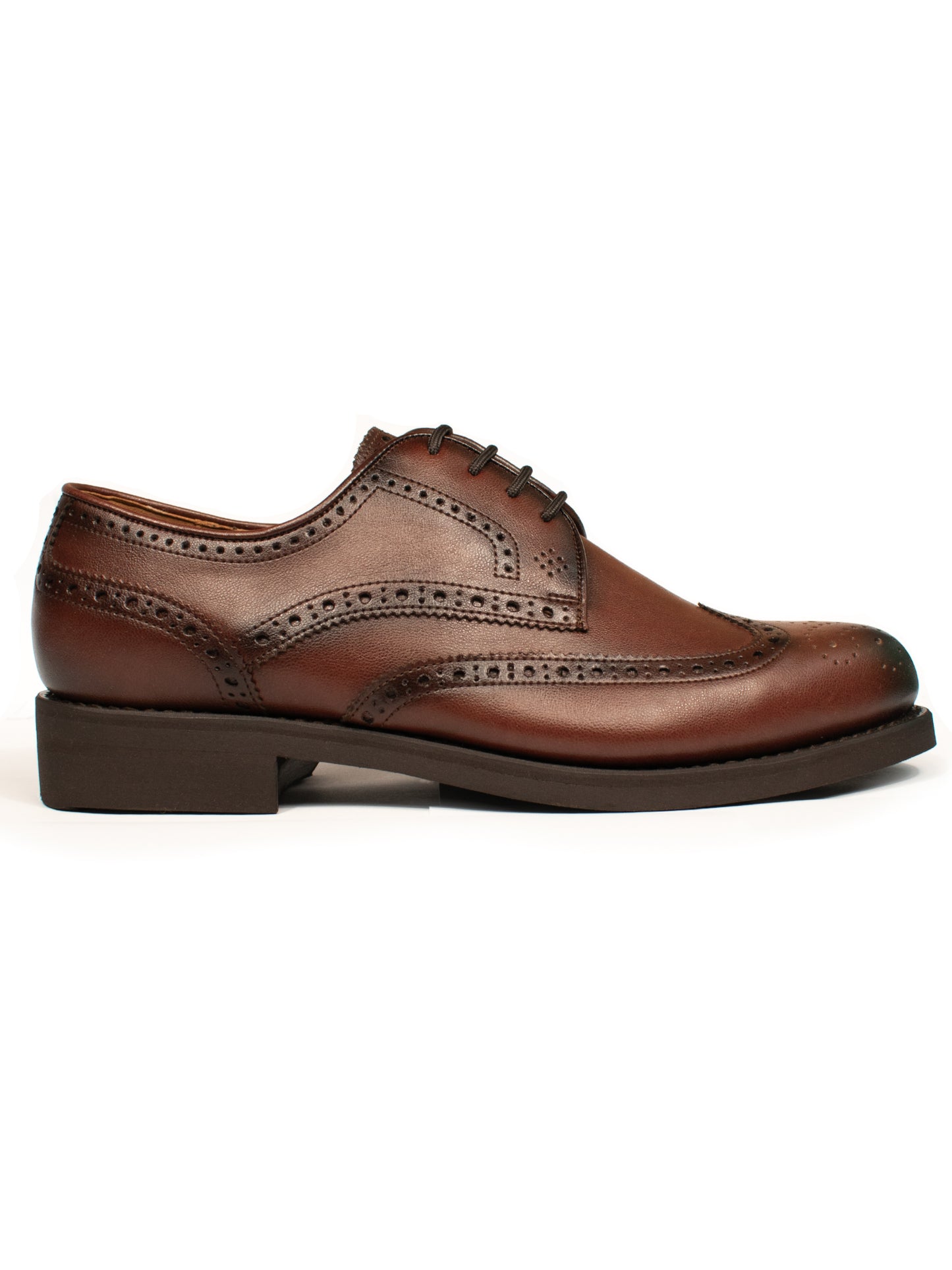 Will’s Vegan Store Goodyear Welt Oxford Brogues in chestnut Italian vegan leather, side profile showing brogue detailing and welted sole.