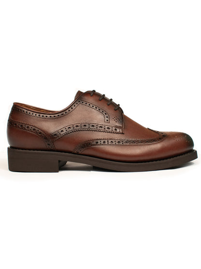 Will’s Vegan Store Goodyear Welt Oxford Brogues in chestnut Italian vegan leather, side profile showing brogue detailing and welted sole.