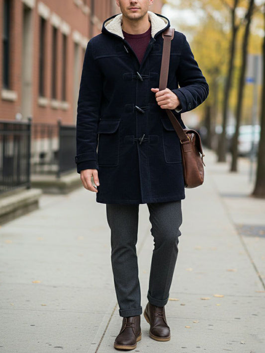 Vegan Men's Wool Duffle Coat With Recycled Vegan Shearling | Will's Vegan Store