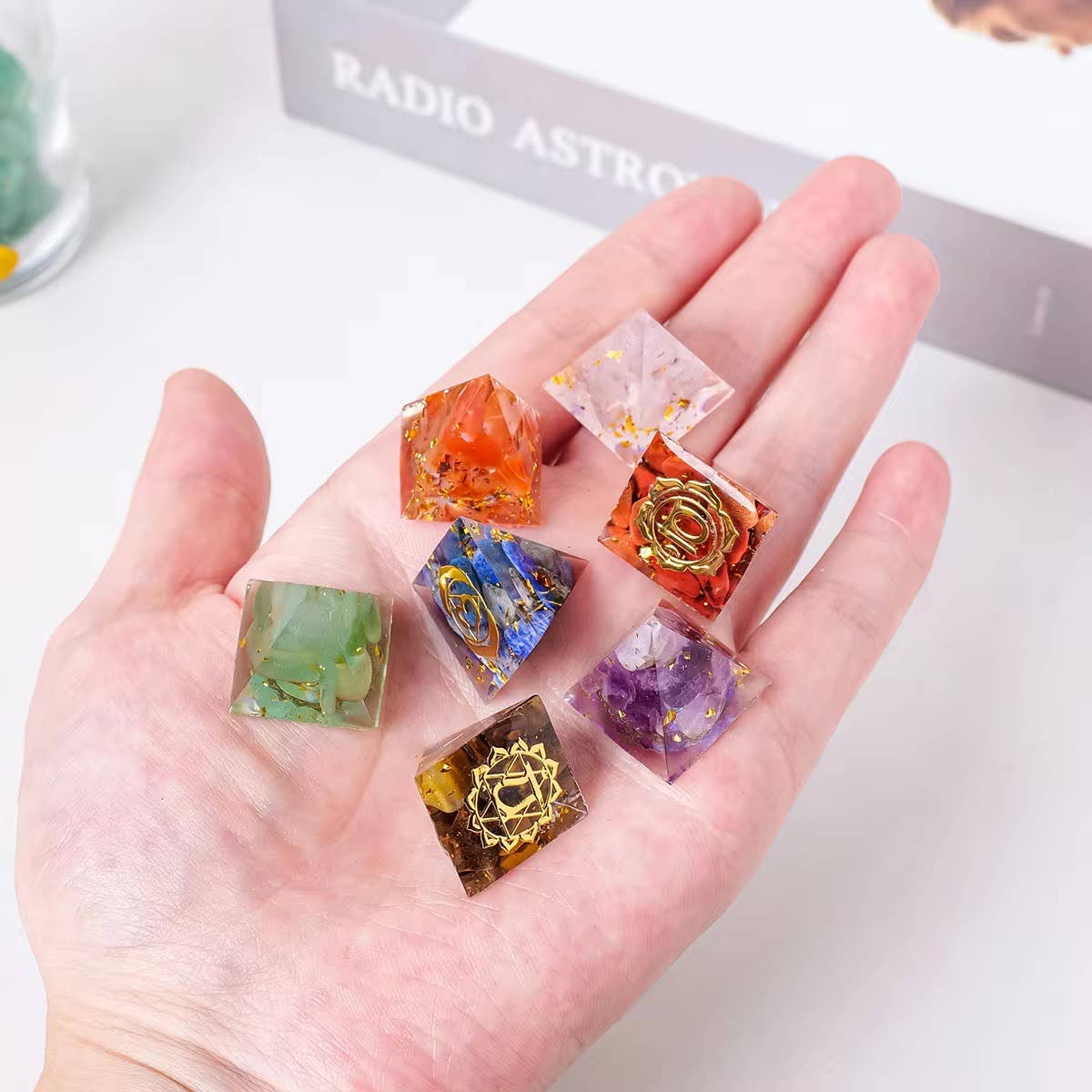 Crystolver Pyramid Chakra Crystal Set with Wooden Base
